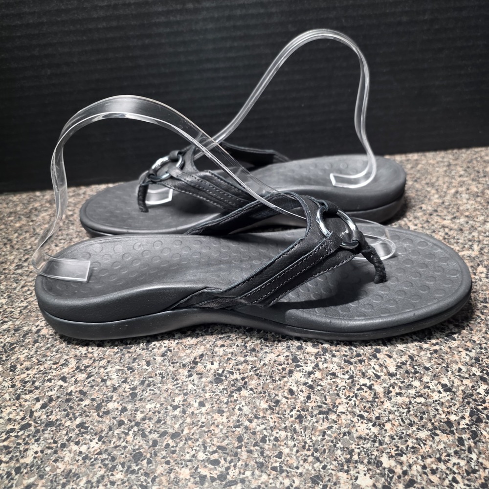 Vionic Tide Aloe Thong Toe Post Sandals Women Size 9 Black Leather Silver O-Ring - Picture 8 of 10